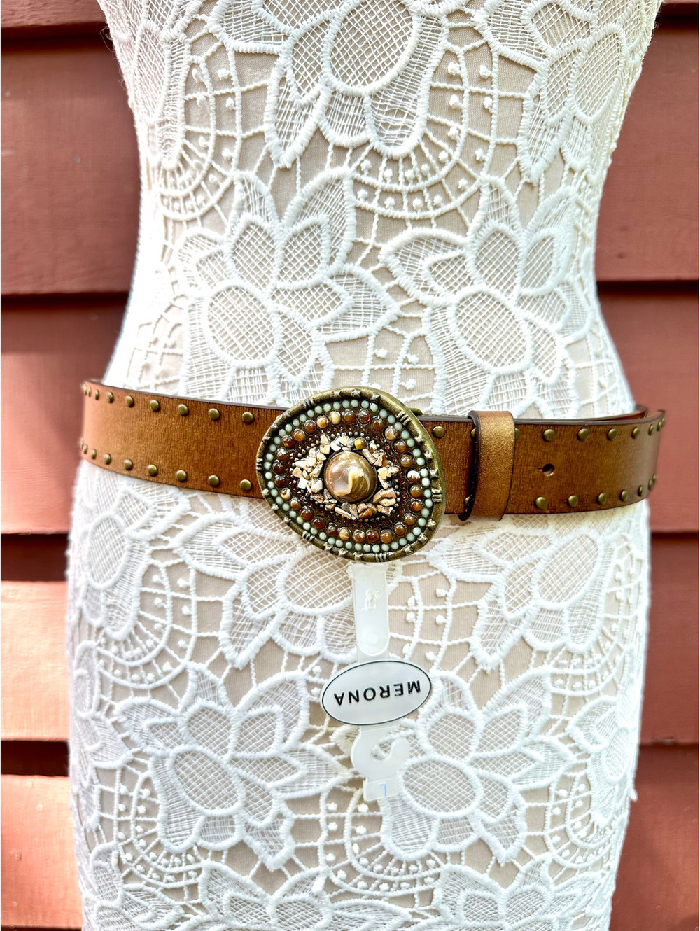 NWT Merona Brown Studded Belt with Decorative Beaded Buckle